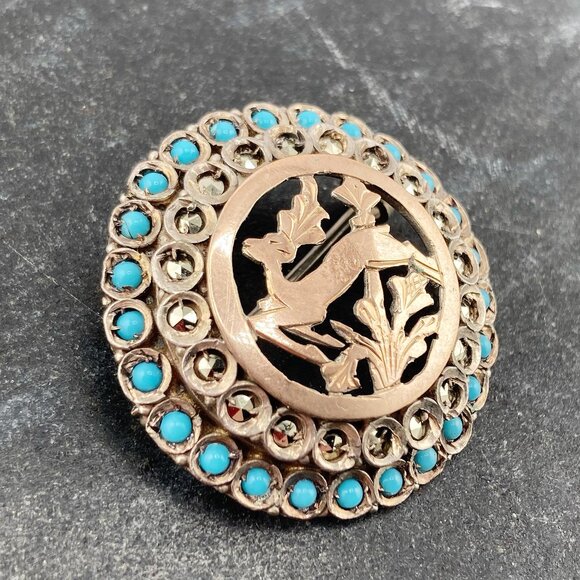 ANTIQUE Coin silver, marcasite, and turquoise glass deer brooch ~ Victorian pin - Picture 6 of 9
